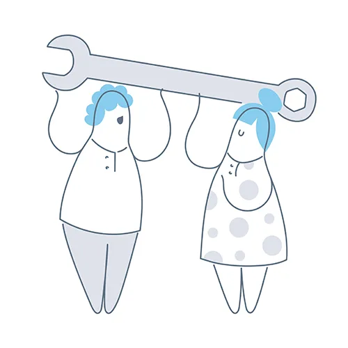 Pair of stylised drawn people holding up an oversized wrench